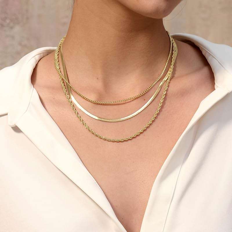 Freekiss Women's Layered Necklace Set - 3 Piece Dainty Gold Jewelry for Everyday Stacking | 14K Gold Plated Snake Chain, Rope Chain, Cuban Chain | Adjustable Length 14-18.5 Inch | Gift Ready - Image 3