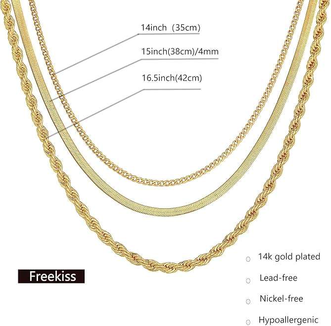 Freekiss Women's Layered Necklace Set - 3 Piece Dainty Gold Jewelry for Everyday Stacking | 14K Gold Plated Snake Chain, Rope Chain, Cuban Chain | Adjustable Length 14-18.5 Inch | Gift Ready - Image 7