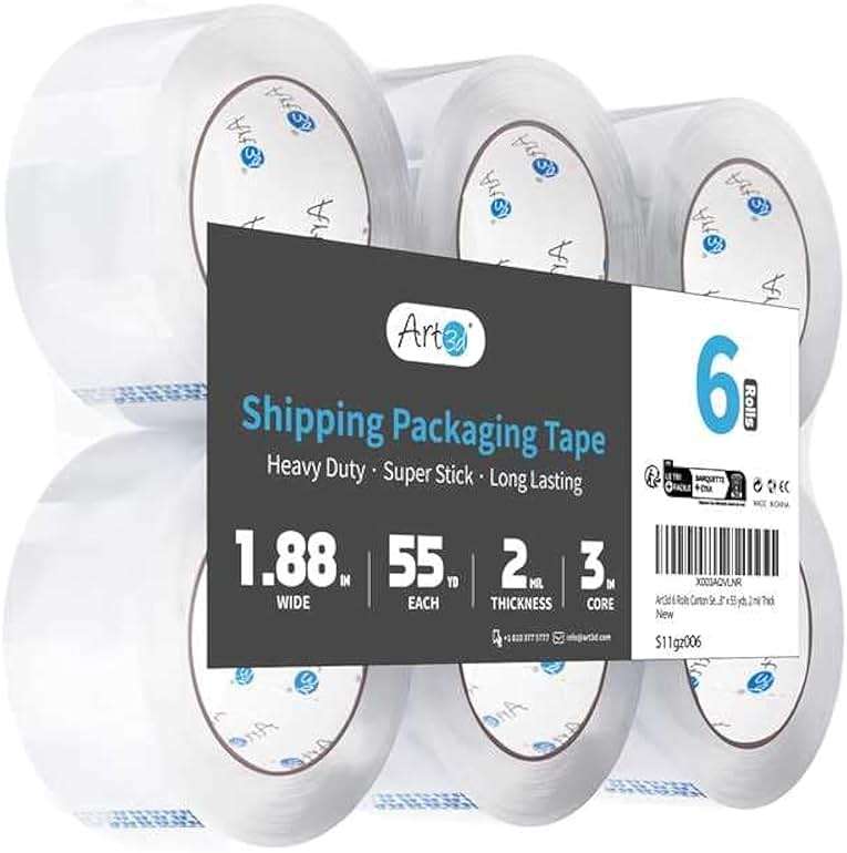 Art3d 6 Rolls Carton Sealing Tape Heavy Duty, Clear Packing Tape, 1.88" x 55 yds, 2 mil Thick - Image 1