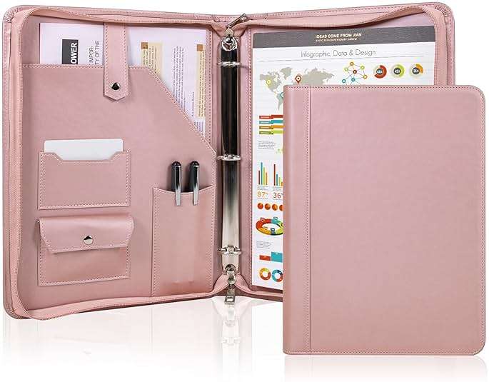 Calfinder Leather Portfolio Binder, PU Leather Portfolio Organizer for Women, 3 Ring Binder Resume Zippered Padfolio with A4/Letter Size Notepad Holder, Business Work Folio, Gift for Lady, Pink - Image 1