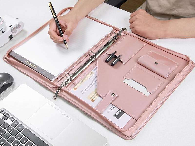 Calfinder Leather Portfolio Binder, PU Leather Portfolio Organizer for Women, 3 Ring Binder Resume Zippered Padfolio with A4/Letter Size Notepad Holder, Business Work Folio, Gift for Lady, Pink - Image 2