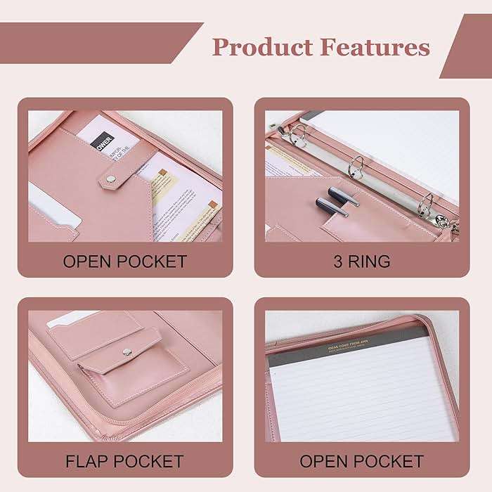 Calfinder Leather Portfolio Binder, PU Leather Portfolio Organizer for Women, 3 Ring Binder Resume Zippered Padfolio with A4/Letter Size Notepad Holder, Business Work Folio, Gift for Lady, Pink - Image 3