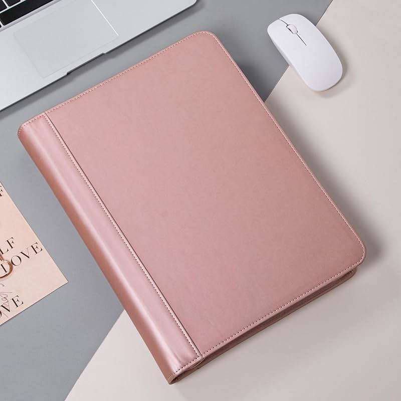 Calfinder Leather Portfolio Binder, PU Leather Portfolio Organizer for Women, 3 Ring Binder Resume Zippered Padfolio with A4/Letter Size Notepad Holder, Business Work Folio, Gift for Lady, Pink - Image 4