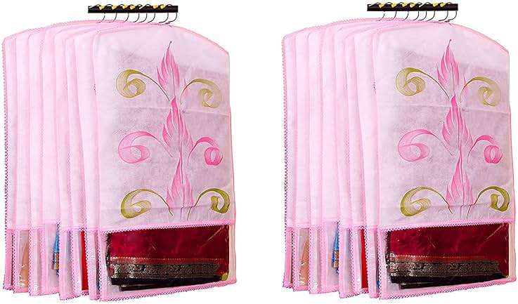 atorakushon Printed Fabric Material Saree Cover Front Side Transparent Hanging Cloth Wardrobe Organiser for Storage Rack Garment Pack of 12 Pcs - Image 1