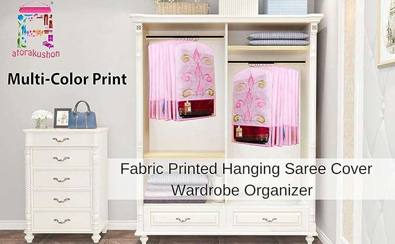 atorakushon Printed Fabric Material Saree Cover Front Side Transparent Hanging Cloth Wardrobe Organiser for Storage Rack Garment Pack of 12 Pcs - Image 3