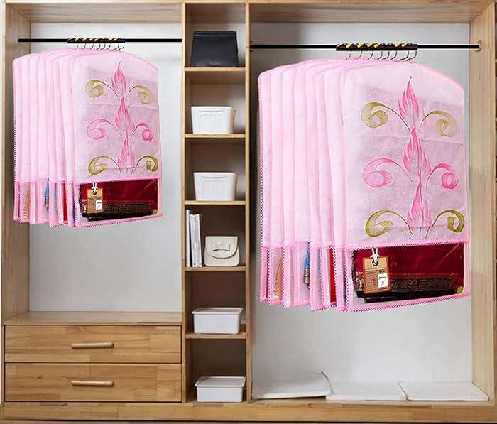 atorakushon Printed Fabric Material Saree Cover Front Side Transparent Hanging Cloth Wardrobe Organiser for Storage Rack Garment Pack of 12 Pcs - Image 4