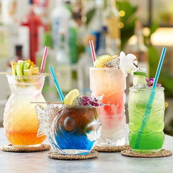 SHUVAR BAZAR Tiki Glasses 14 oz. Clear Totem Texture, 4 Pieces, Tropical Style Novelty Glasses, Hawaii Bar Style, Modern Bar Party Set With Picks (Totem 14 oz) - Image 2
