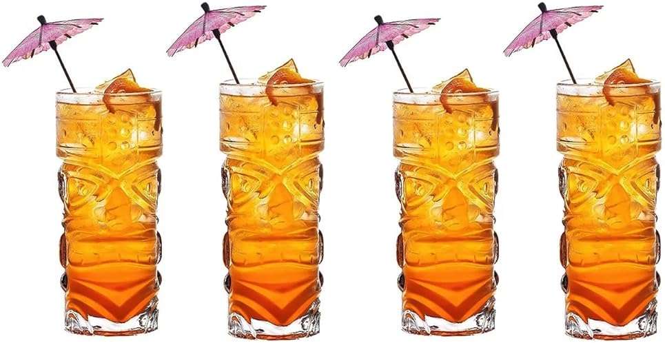 SHUVAR BAZAR Tiki Glasses 14 oz. Clear Totem Texture, 4 Pieces, Tropical Style Novelty Glasses, Hawaii Bar Style, Modern Bar Party Set With Picks (Totem 14 oz) - Image 3
