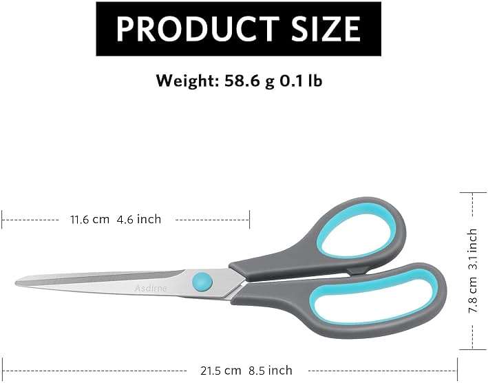 Asdirne 8.5" Scissors, Stainless Steel Blades, Soft Grip Handle, Suitable for Households,Offices and Schools, All Purpose, Blue/Grey - Image 3
