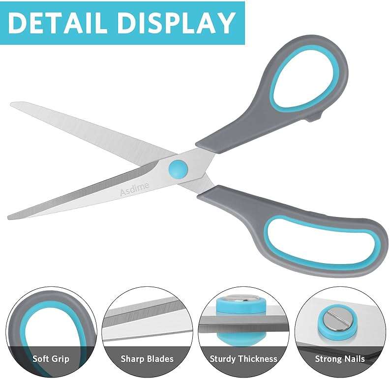 Asdirne 8.5" Scissors, Stainless Steel Blades, Soft Grip Handle, Suitable for Households,Offices and Schools, All Purpose, Blue/Grey - Image 5