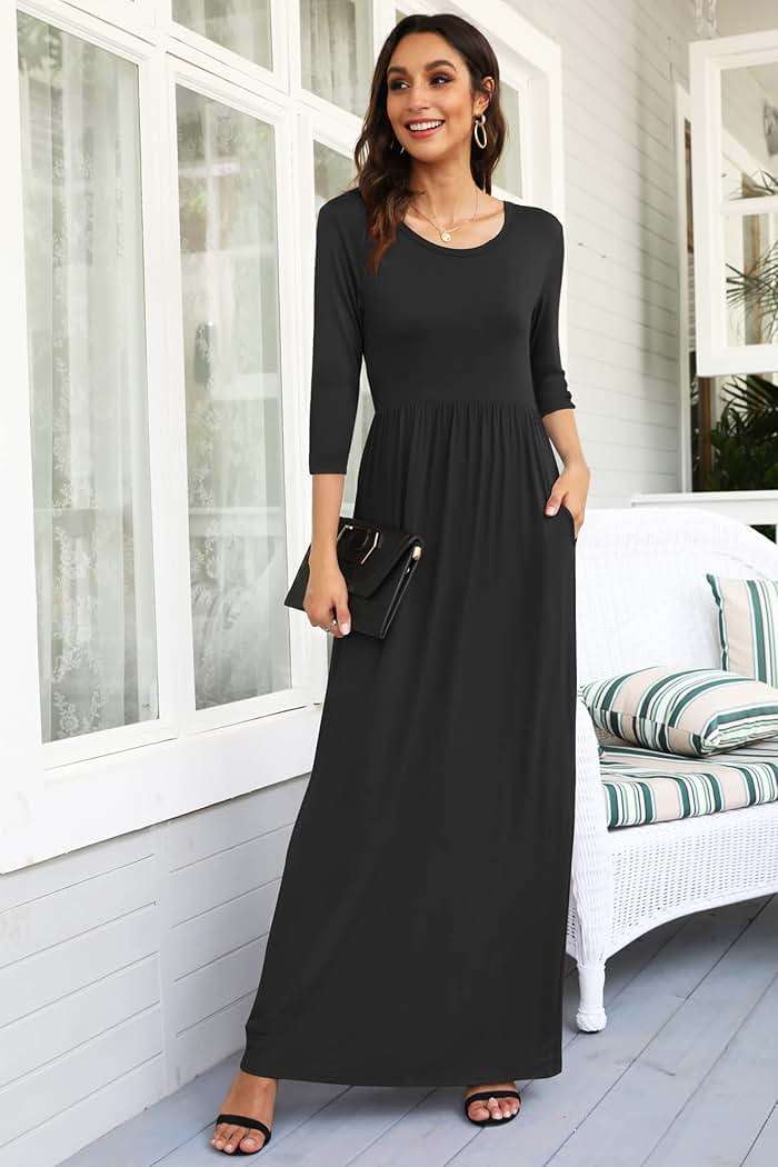 WNEEDU Women's 3/4 Sleeve Casual Loose Long Maxi Dresses with Pocket - Image 2