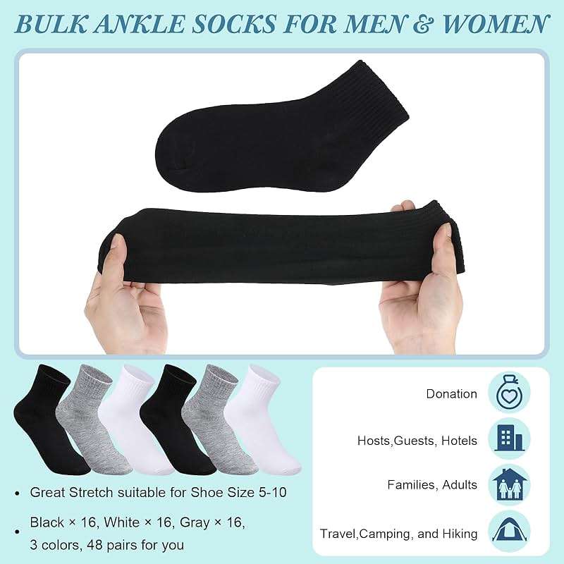 Tarpop 48 Pairs Men Women Quarter Ankle Socks Moisture Wicking Athletic Crew Casual Sports Bulk Socks for Homeless - Image 2