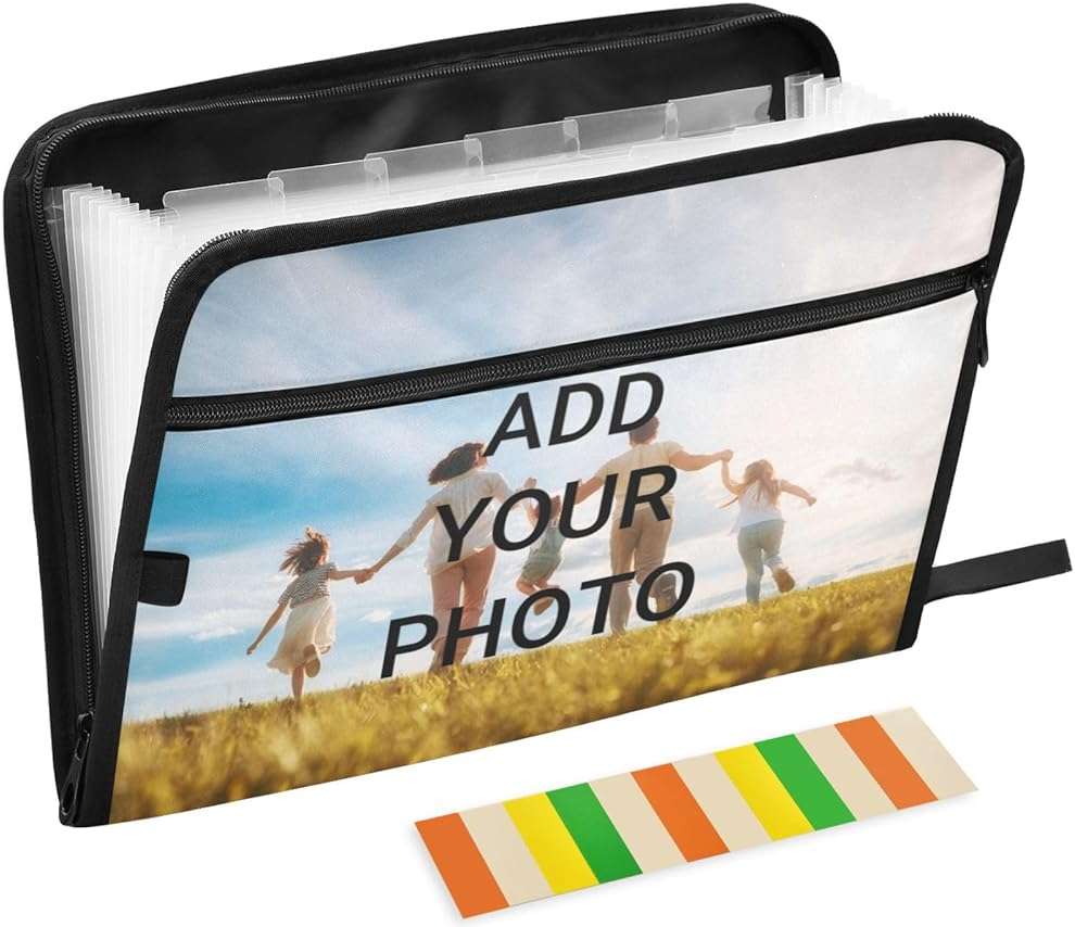 ZZKKO Custom Photo Personalized Black 13 Pockets Expanding File Folder with Sticky Labels Accordion File Folder Document Organizer Letter Size A4 Papers Expandable File Keeper - Image 1