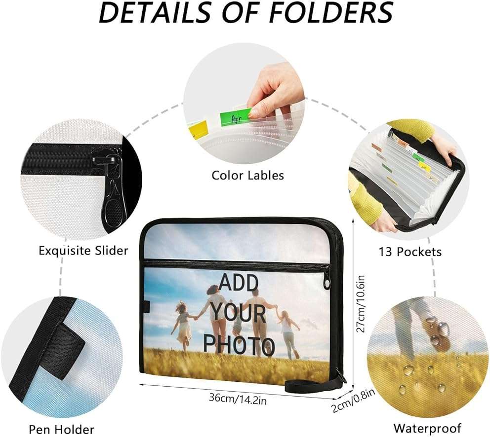 ZZKKO Custom Photo Personalized Black 13 Pockets Expanding File Folder with Sticky Labels Accordion File Folder Document Organizer Letter Size A4 Papers Expandable File Keeper - Image 3