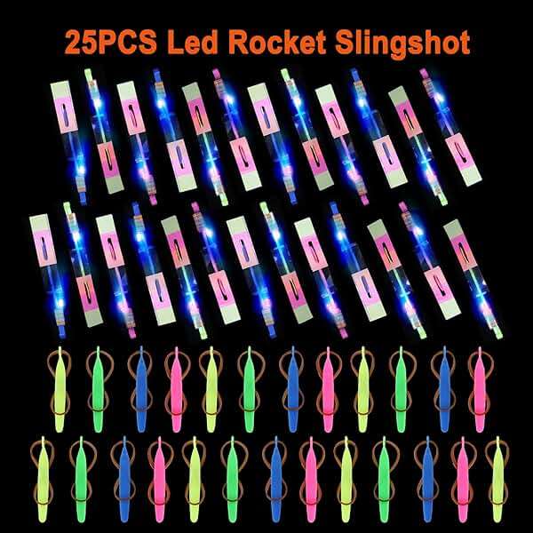 lpvoqpth 25 Sets LED Flying Set, 25 Slingshot+25 Glow Helicopter-50 Pcs, Flying Toy Outdoor Toys Glow in The Dark Party Supplies Party Favors for Kids 8-12,4-8 - Image 3