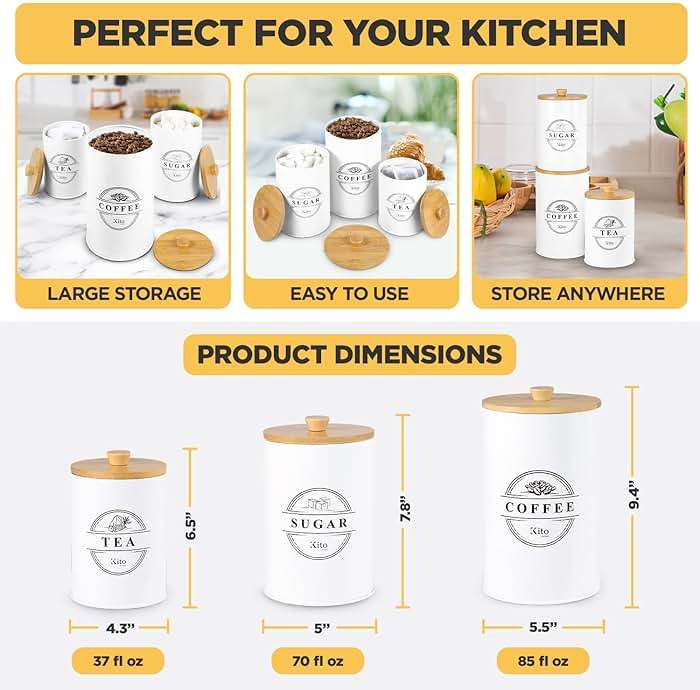 Kito LIVING Canisters Sets for Kitchen Counter Storage and Organization with Wooden Bamboo Lids, Food Pantry Containers, Stackable Steel Storage Bins, Airtight Sugar Tea Coffee Canisters - White - Image 2
