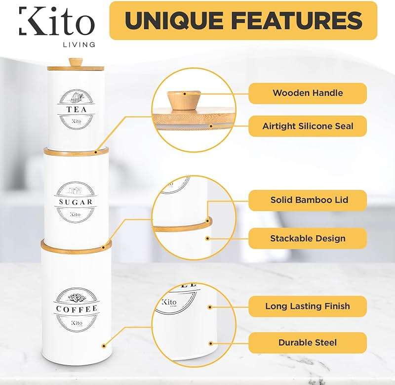 Kito LIVING Canisters Sets for Kitchen Counter Storage and Organization with Wooden Bamboo Lids, Food Pantry Containers, Stackable Steel Storage Bins, Airtight Sugar Tea Coffee Canisters - White - Image 3