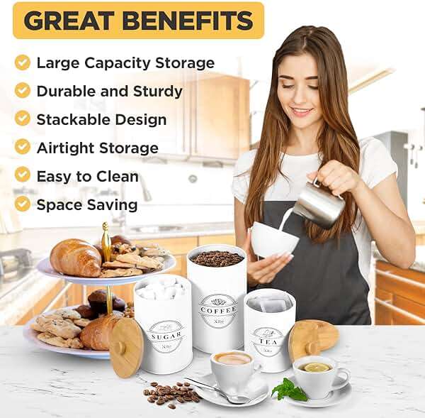 Kito LIVING Canisters Sets for Kitchen Counter Storage and Organization with Wooden Bamboo Lids, Food Pantry Containers, Stackable Steel Storage Bins, Airtight Sugar Tea Coffee Canisters - White - Image 5