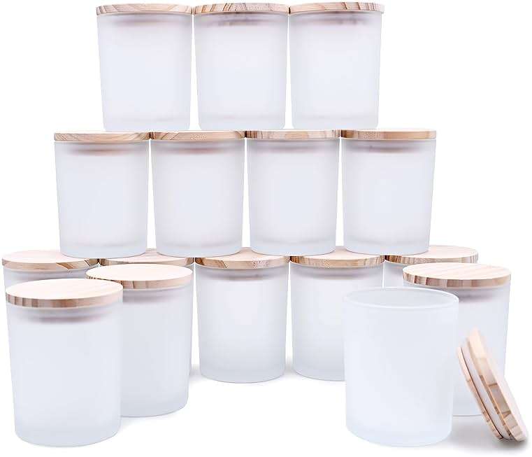 SHOWIN Thick Candle Jars for Making Candles 16 Pcs, 7 OZ Empty Jars with Wood Lids for Candle Making, Sample Container, Frosted White - Image 1