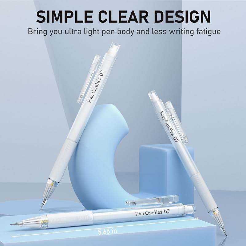 Four Candies Cute Mechanical Pencil Set with Case - 3PCS Pencils 0.7mm with 180PCS HB Lead Refills, 3PCS Erasers, 9PCS Eraser Refills, White Clear Mechanical Pencil for Students Drawing, Writing - Image 3