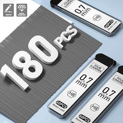 Four Candies Cute Mechanical Pencil Set with Case - 3PCS Pencils 0.7mm with 180PCS HB Lead Refills, 3PCS Erasers, 9PCS Eraser Refills, White Clear Mechanical Pencil for Students Drawing, Writing - Image 4