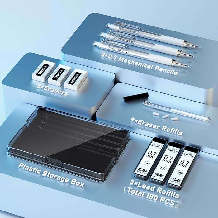Four Candies Cute Mechanical Pencil Set with Case - 3PCS Pencils 0.7mm with 180PCS HB Lead Refills, 3PCS Erasers, 9PCS Eraser Refills, White Clear Mechanical Pencil for Students Drawing, Writing - Image 5