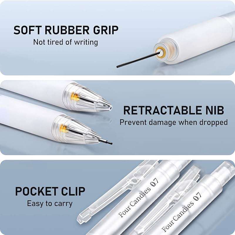 Four Candies Cute Mechanical Pencil Set with Case - 3PCS Pencils 0.7mm with 180PCS HB Lead Refills, 3PCS Erasers, 9PCS Eraser Refills, White Clear Mechanical Pencil for Students Drawing, Writing - Image 6