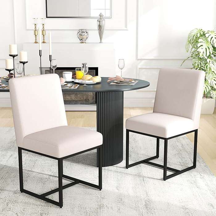 HNY Modern Dining Chairs Set of 2, Upholstered Linen Dining Room Chairs with Ergonomic Back & Metal Frame for Home, Kitchen, Apartment, Cream - Image 1