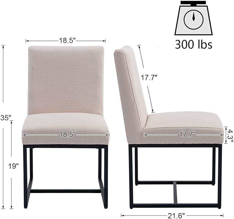 HNY Modern Dining Chairs Set of 2, Upholstered Linen Dining Room Chairs with Ergonomic Back & Metal Frame for Home, Kitchen, Apartment, Cream - Image 2