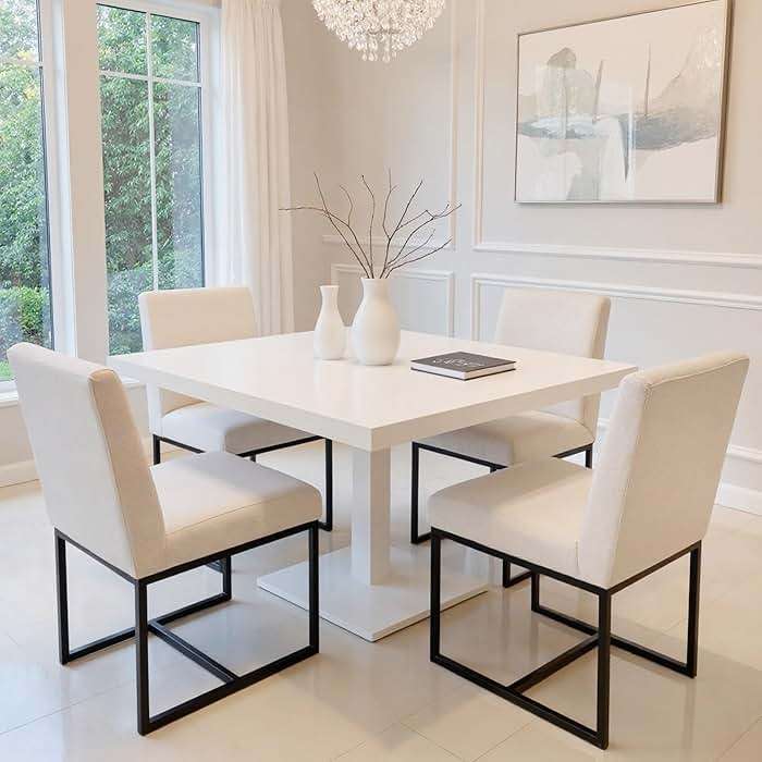 HNY Modern Dining Chairs Set of 2, Upholstered Linen Dining Room Chairs with Ergonomic Back & Metal Frame for Home, Kitchen, Apartment, Cream - Image 3