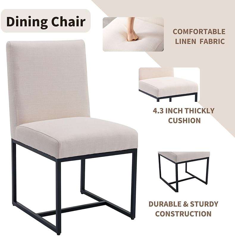 HNY Modern Dining Chairs Set of 2, Upholstered Linen Dining Room Chairs with Ergonomic Back & Metal Frame for Home, Kitchen, Apartment, Cream - Image 4