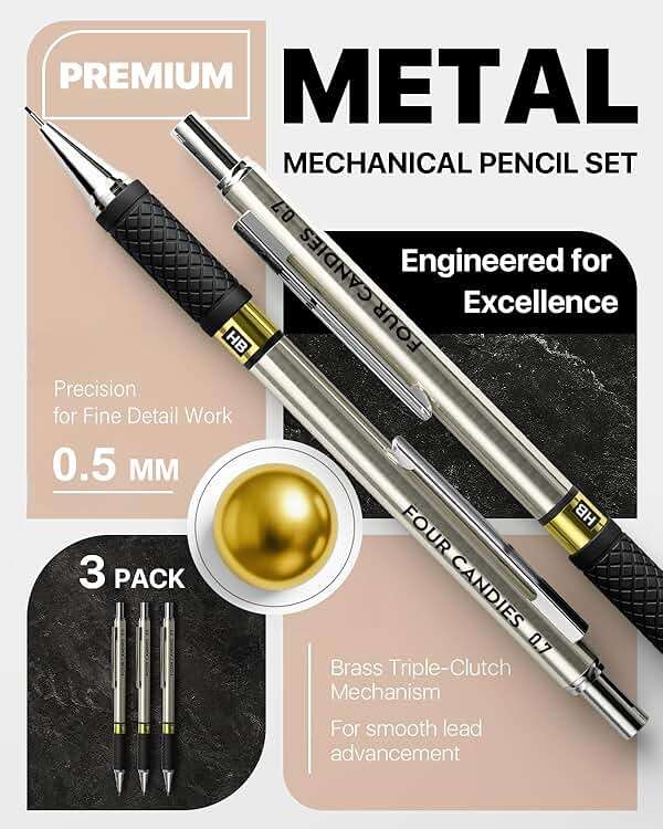 3PCS Metal Mechanical Pencil Set with 0.5 mm Fine Point, 360 Leads, 12 Erasers, Art Mechanical Pencils Pack with Storage Case for School Writing, Sketching, Drawing & Professional Drafting - Image 2