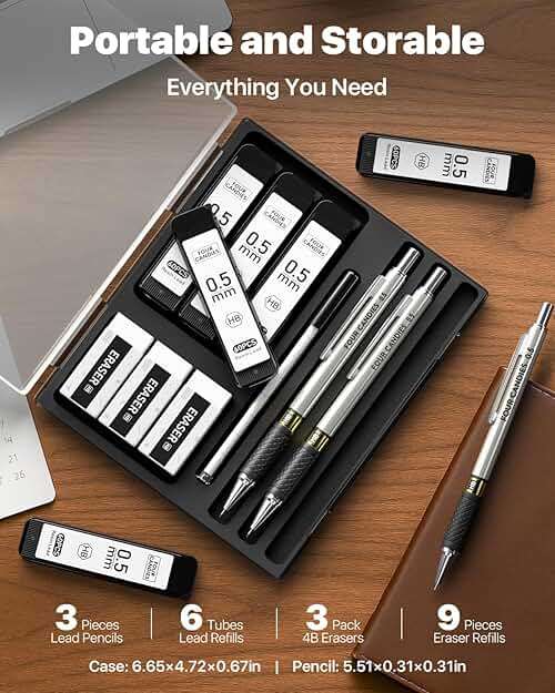 3PCS Metal Mechanical Pencil Set with 0.5 mm Fine Point, 360 Leads, 12 Erasers, Art Mechanical Pencils Pack with Storage Case for School Writing, Sketching, Drawing & Professional Drafting - Image 4