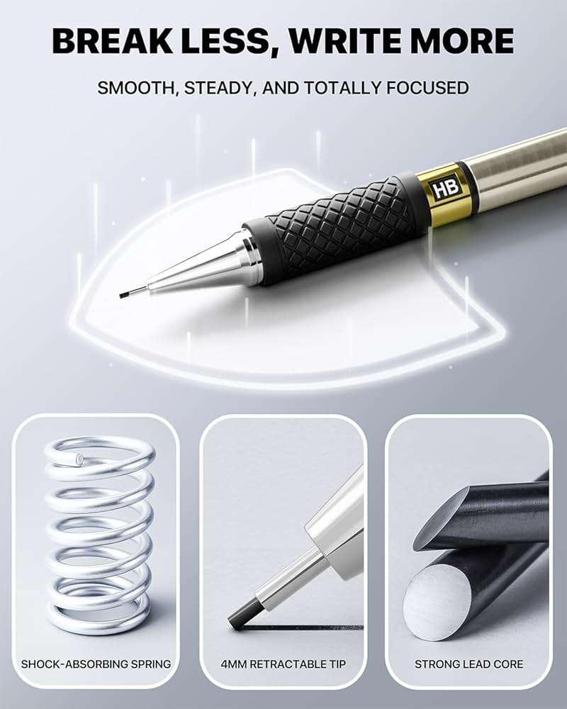 3PCS Metal Mechanical Pencil Set with 0.5 mm Fine Point, 360 Leads, 12 Erasers, Art Mechanical Pencils Pack with Storage Case for School Writing, Sketching, Drawing & Professional Drafting - Image 6