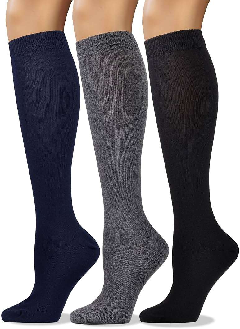 COTTON DAY Women's Soft Combed Cotton Knee High Long Calf Dress Socks Seamless Toe Black White Gray Navy Blue Brown 3 Pack - Image 1