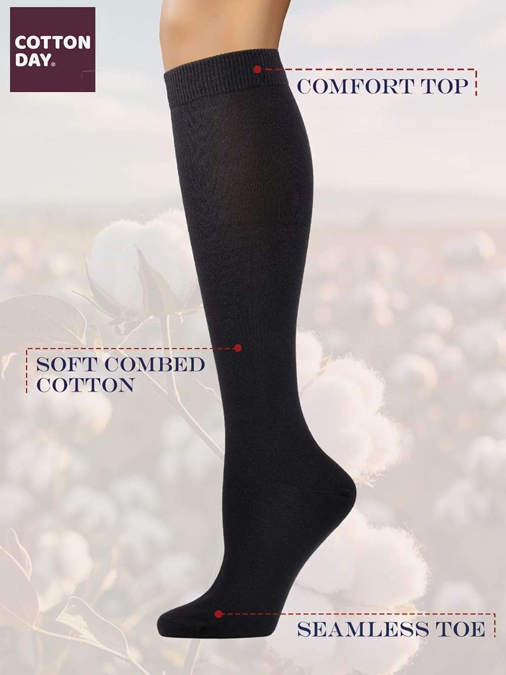 COTTON DAY Women's Soft Combed Cotton Knee High Long Calf Dress Socks Seamless Toe Black White Gray Navy Blue Brown 3 Pack - Image 4
