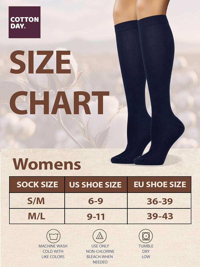 COTTON DAY Women's Soft Combed Cotton Knee High Long Calf Dress Socks Seamless Toe Black White Gray Navy Blue Brown 3 Pack - Image 6