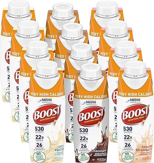 BOOST Very High Calorie Nutritional Drink Variety Pack, 12 Count – 4 Vanilla, 4 Chocolate, 4 Strawberry – 530 Calories per 8 fl oz Bottle, Nutrient-Rich (Variety Pack) - Image 1