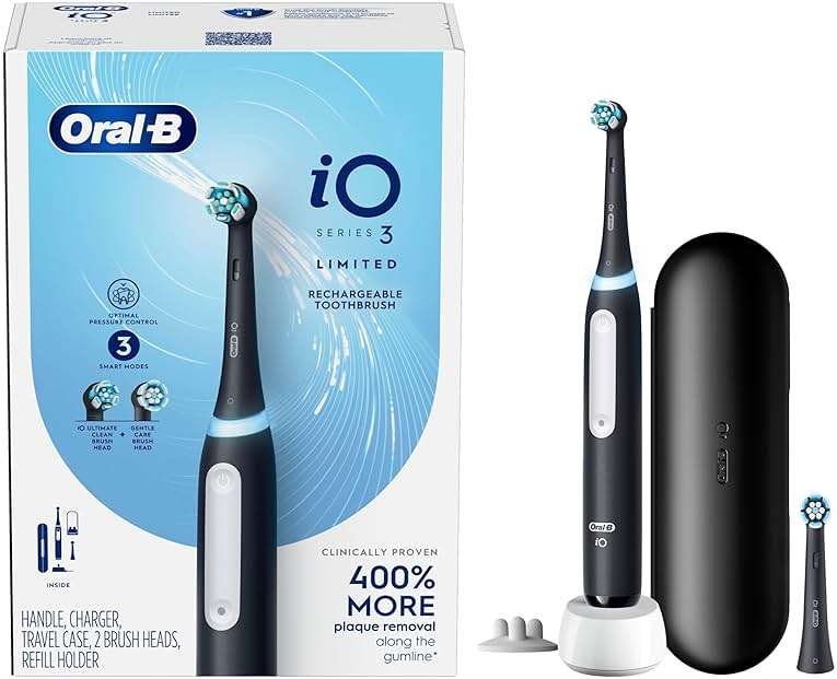 Oral-B Rechargeable Electric Toothbrush, iO3 Limited Deep Clean, 3 Cleaning Modes, Visual Pressure Sensor to Protect Gums, 2 Brush Heads, Travel Case, Black - Image 9