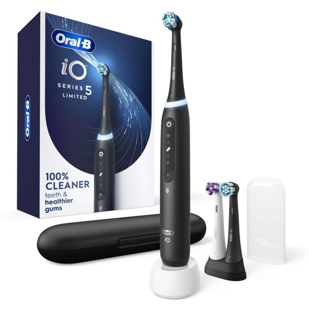 Oral-B iO Deep Clean + Whiten Rechargeable Electric Toothbrush with Visible Pressure Sensor, 2 Minute Timer, 5 Cleaning Settings, 1 iO5 Limited, 3 Toothbrush Heads, Travel Case & Refill Holder, Black - Image 1