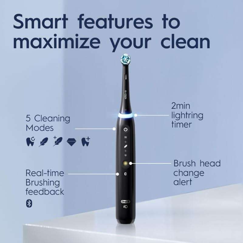Oral-B iO Deep Clean + Whiten Rechargeable Electric Toothbrush with Visible Pressure Sensor, 2 Minute Timer, 5 Cleaning Settings, 1 iO5 Limited, 3 Toothbrush Heads, Travel Case & Refill Holder, Black - Image 2