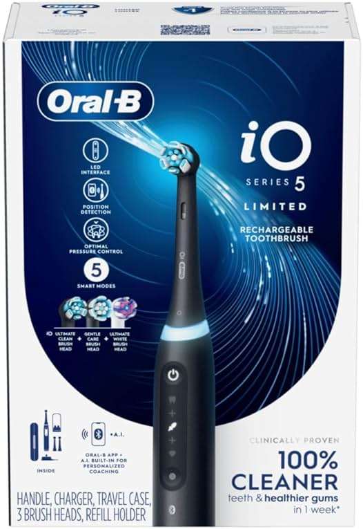 Oral-B iO Deep Clean + Whiten Rechargeable Electric Toothbrush with Visible Pressure Sensor, 2 Minute Timer, 5 Cleaning Settings, 1 iO5 Limited, 3 Toothbrush Heads, Travel Case & Refill Holder, Black - Image 9
