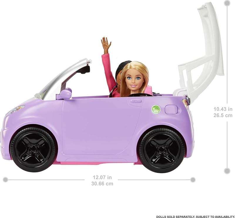 Barbie Doll Accessories, Toy Car Electric Vehicle with Charging Station, Plug & Sunroof, Purple 2-Seater Transforms into Convertible - Image 3