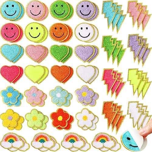 Hanaive 80 Pcs Chenille Letter Patches Self Adhesive Iron on Patch 3D Cute Embroidered Rainbow Smile Face Heart Applique Sewing Badges Patch for Fabric Clothing Jacket DIY(Assorted Rainbow,Cute) - Image 1