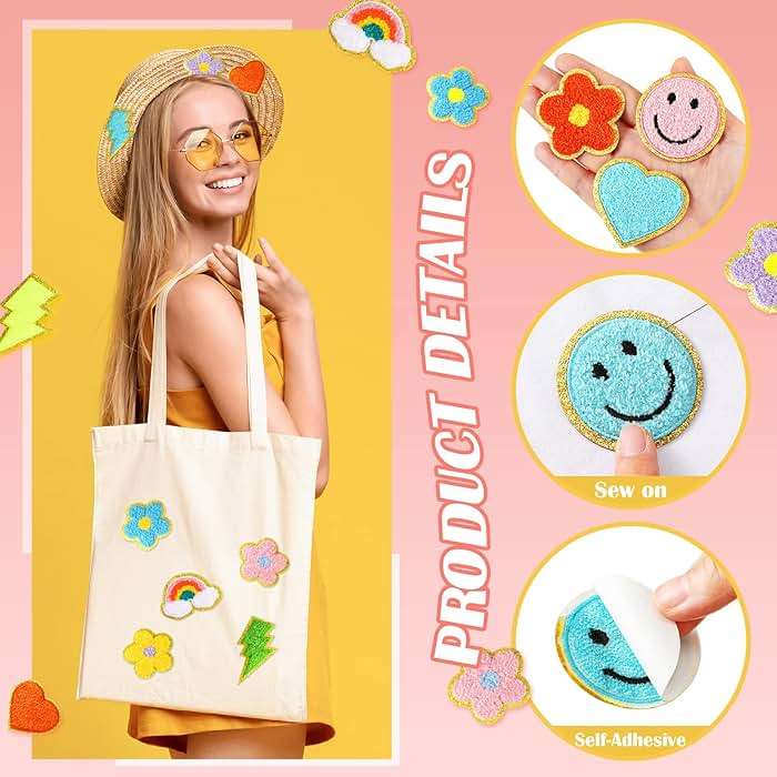 Hanaive 80 Pcs Chenille Letter Patches Self Adhesive Iron on Patch 3D Cute Embroidered Rainbow Smile Face Heart Applique Sewing Badges Patch for Fabric Clothing Jacket DIY(Assorted Rainbow,Cute) - Image 3