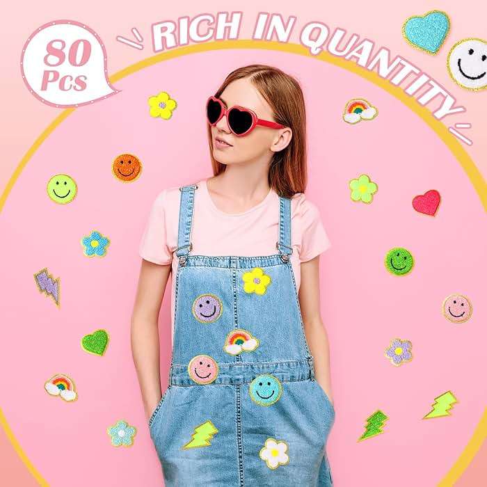 Hanaive 80 Pcs Chenille Letter Patches Self Adhesive Iron on Patch 3D Cute Embroidered Rainbow Smile Face Heart Applique Sewing Badges Patch for Fabric Clothing Jacket DIY(Assorted Rainbow,Cute) - Image 6