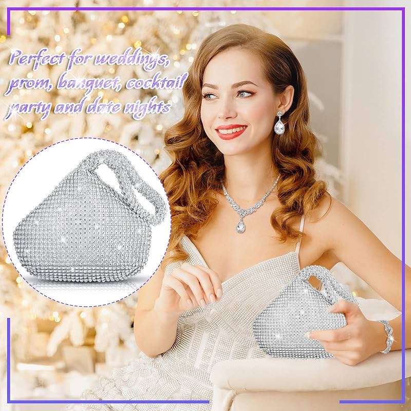 Meanplan 4 Pcs Silver Clutch Purse Jewelry Set for Women Rave Accessories Evening Rhinestone Purse Silver for Bride Wedding - Image 3