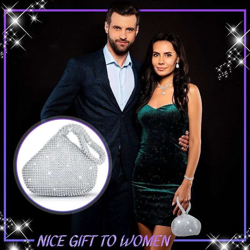 Meanplan 4 Pcs Silver Clutch Purse Jewelry Set for Women Rave Accessories Evening Rhinestone Purse Silver for Bride Wedding - Image 5