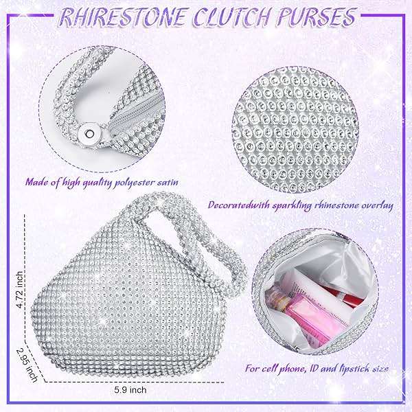 Meanplan 4 Pcs Silver Clutch Purse Jewelry Set for Women Rave Accessories Evening Rhinestone Purse Silver for Bride Wedding - Image 6