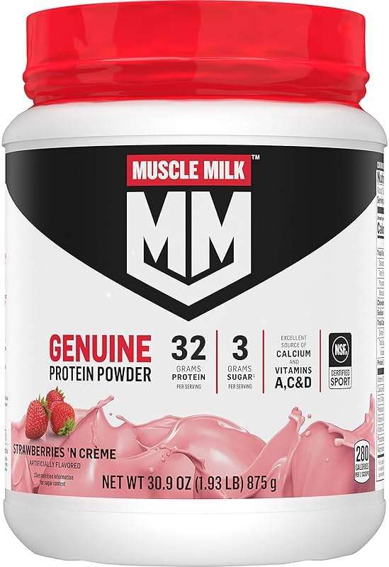 Muscle Milk Genuine Protein Powder, Strawberries ‘N Crème, 1.93 Pounds, 13 Servings, 32g Protein, 3g Sugar, Calcium, Vitamins A, C & D, NSF Certified for Sport, Energizing Snack, Packaging May Vary - Image 1